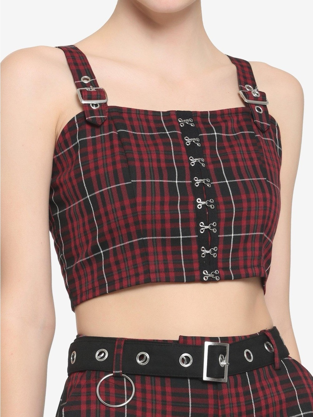 Gothic Punk Red and Black Plaid Hook-and-Eye Cropped Tank